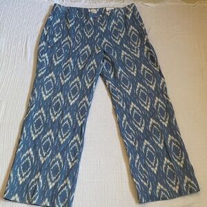 CHICO’S 100% Linen Blue and White Ikat Pattern Pants